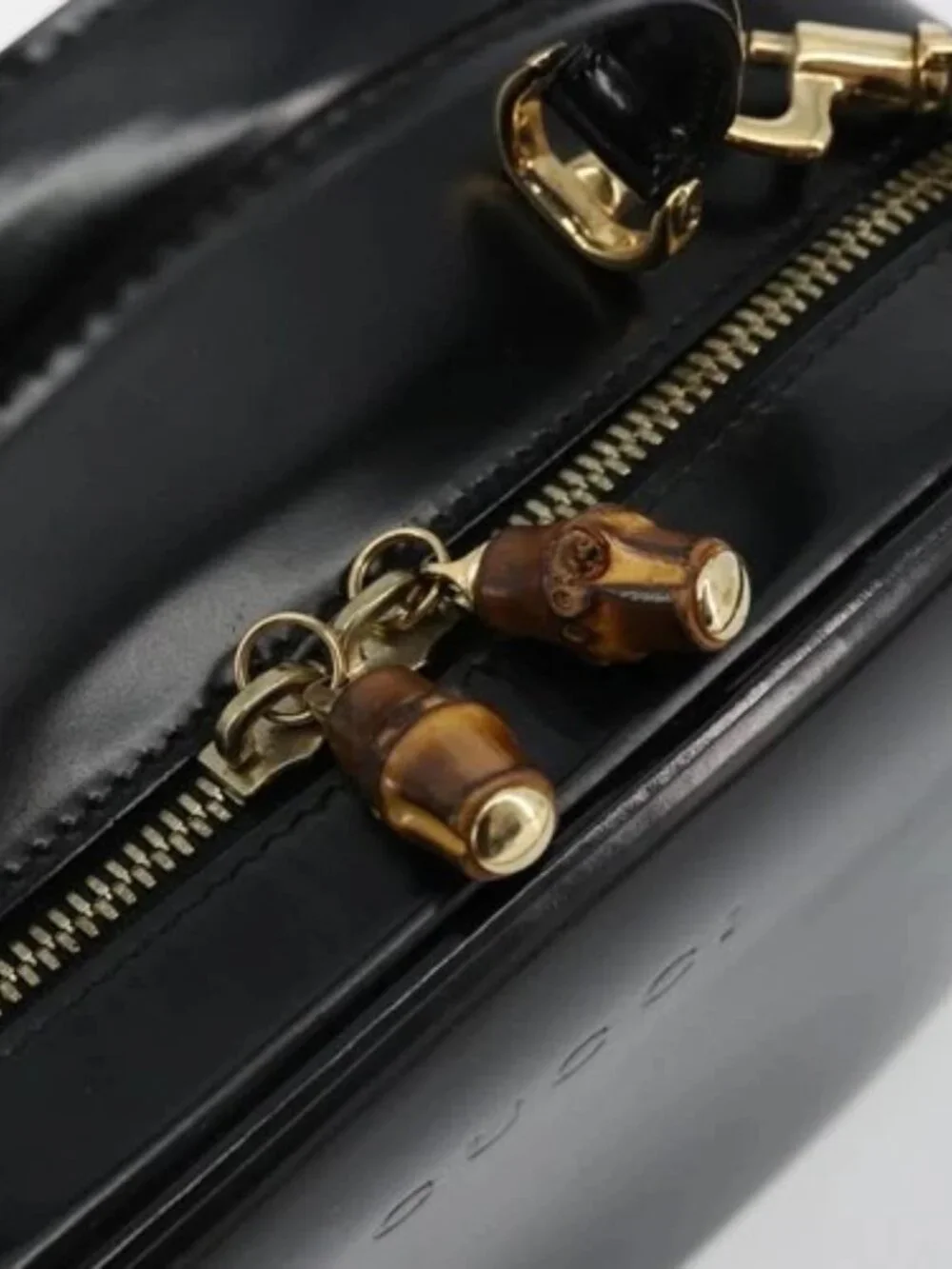 GUCCI Bamboo Vanity Hand Bag Patent 2way Black Gold 000 270 0323 Auth 180050